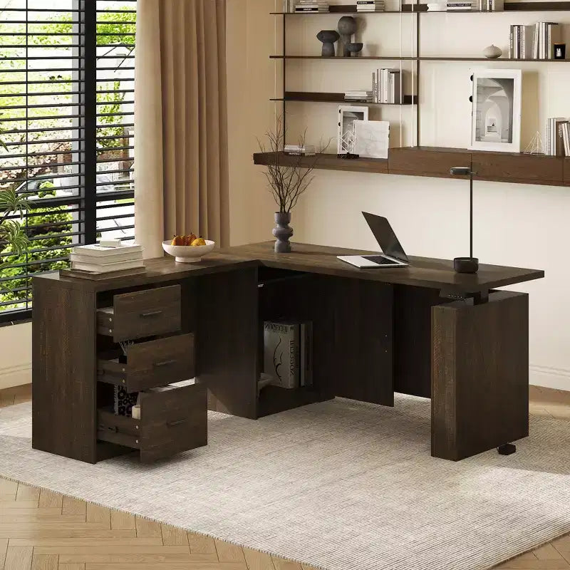 Scrivania angolare regolabile in legno scuro – Scrivania da ufficio per computer – Postazione di lavoro ergonomica per ufficio con vano portaoggetti