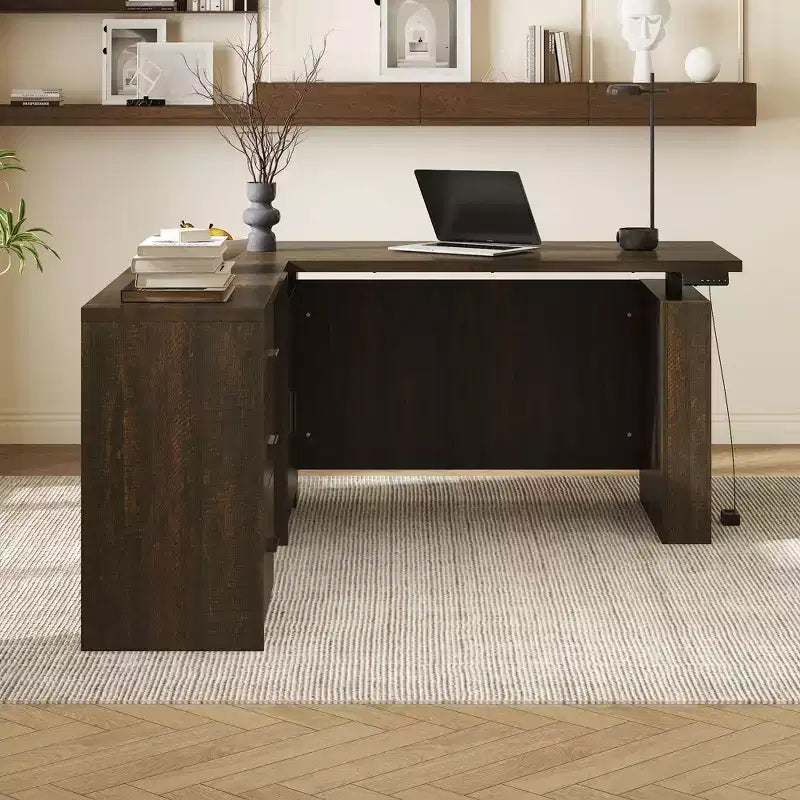 Scrivania angolare regolabile in legno scuro – Scrivania da ufficio per computer – Postazione di lavoro ergonomica per ufficio con vano portaoggetti