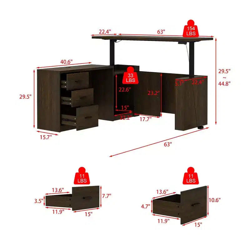 Scrivania angolare regolabile in legno scuro – Scrivania da ufficio per computer – Postazione di lavoro ergonomica per ufficio con vano portaoggetti