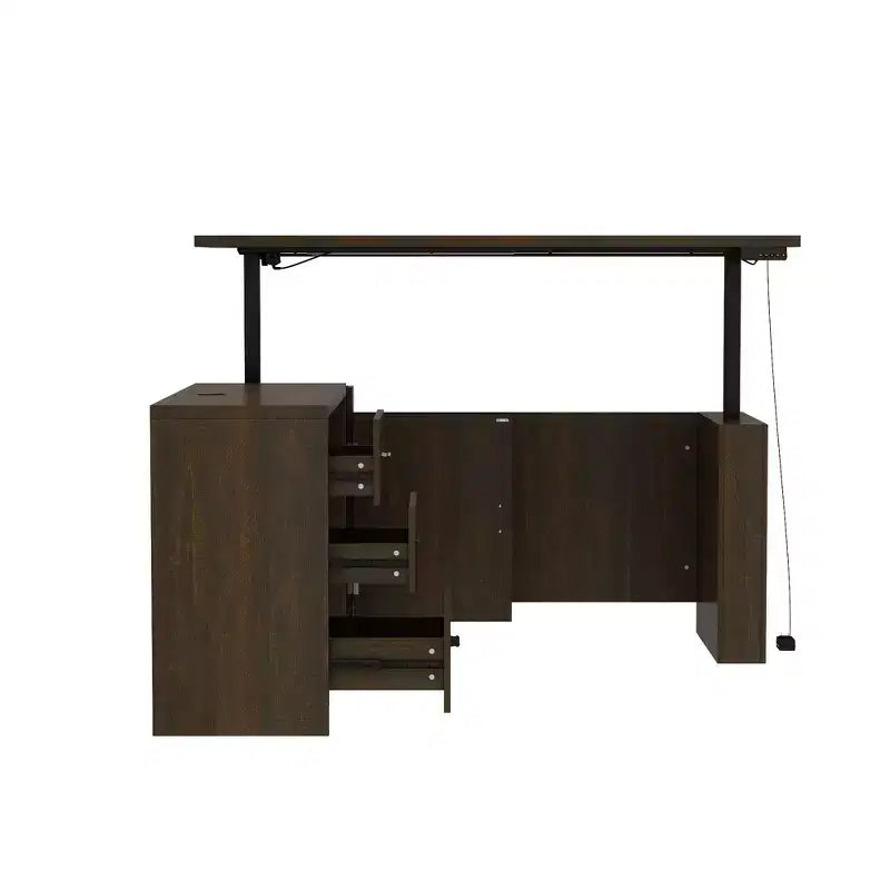 Scrivania angolare regolabile in legno scuro – Scrivania da ufficio per computer – Postazione di lavoro ergonomica per ufficio con vano portaoggetti