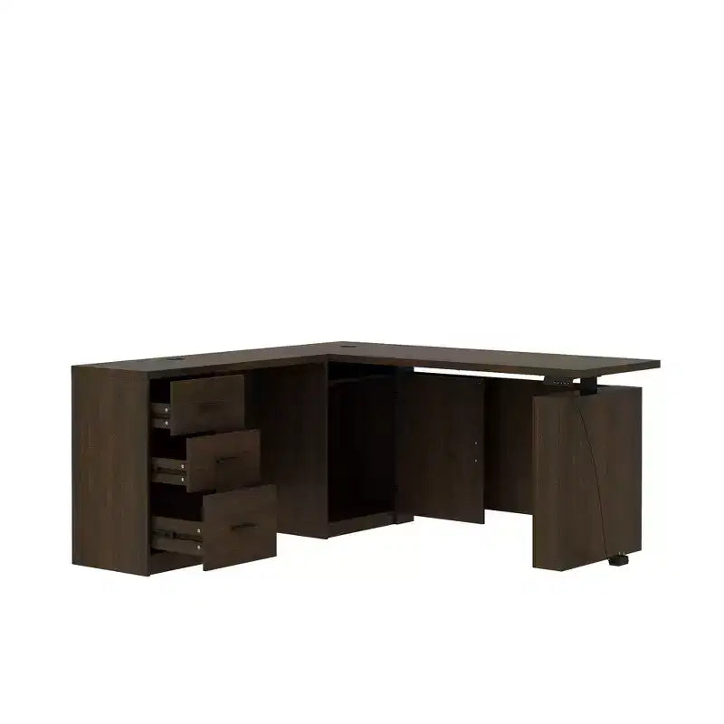 Scrivania angolare regolabile in legno scuro – Scrivania da ufficio per computer – Postazione di lavoro ergonomica per ufficio con vano portaoggetti