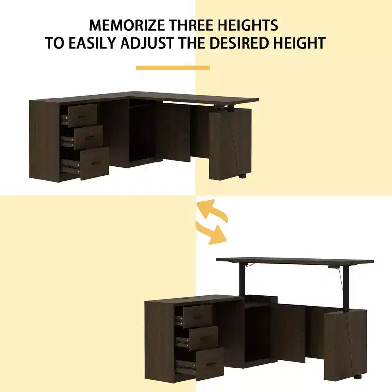 Scrivania angolare regolabile in legno scuro – Scrivania da ufficio per computer – Postazione di lavoro ergonomica per ufficio con vano portaoggetti