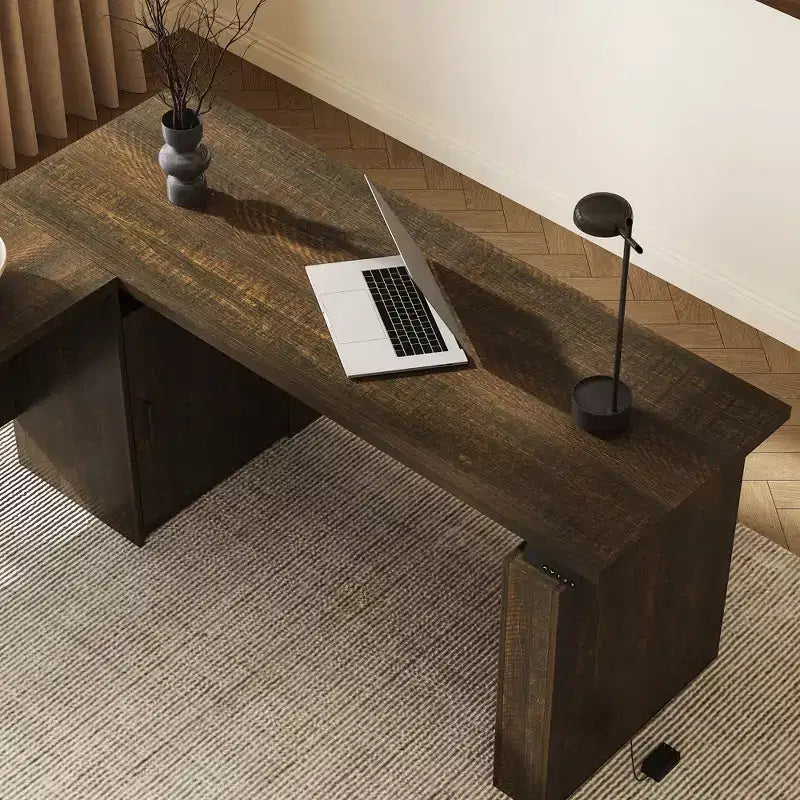 Scrivania angolare regolabile in legno scuro – Scrivania da ufficio per computer – Postazione di lavoro ergonomica per ufficio con vano portaoggetti