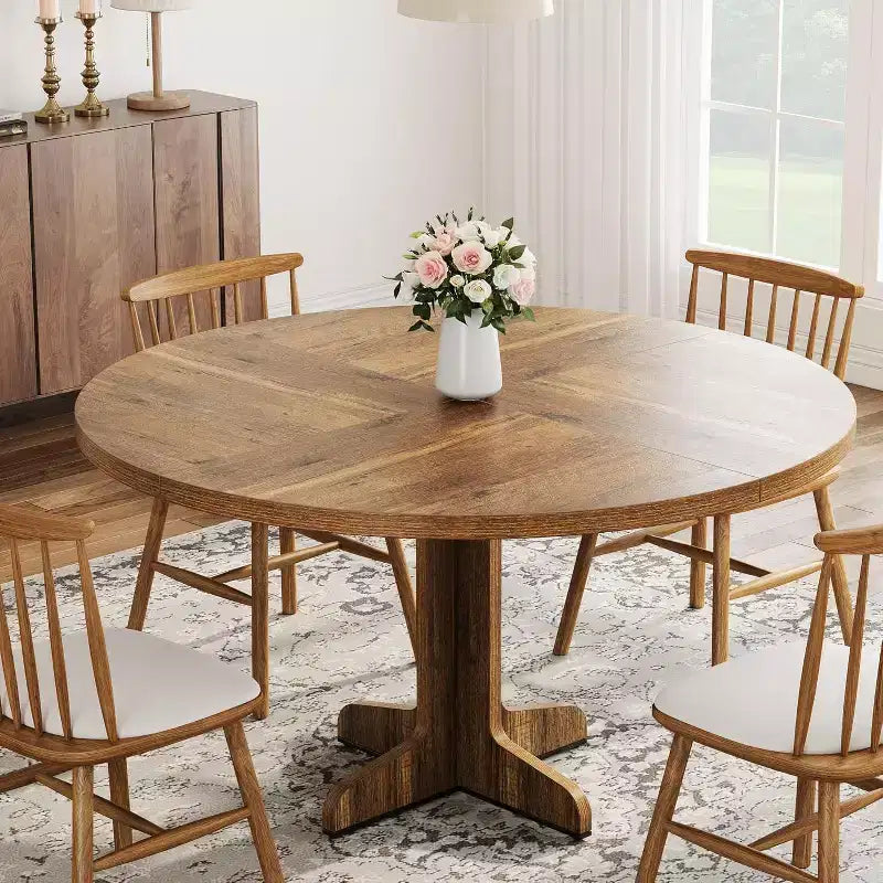Tavolo da pranzo rotondo da 47 pollici per 4 persone, tavolo da cucina in stile rustico con piano in legno e base stabile, per sala da pranzo di casa e soggiorno, marrone (solo tavolo)