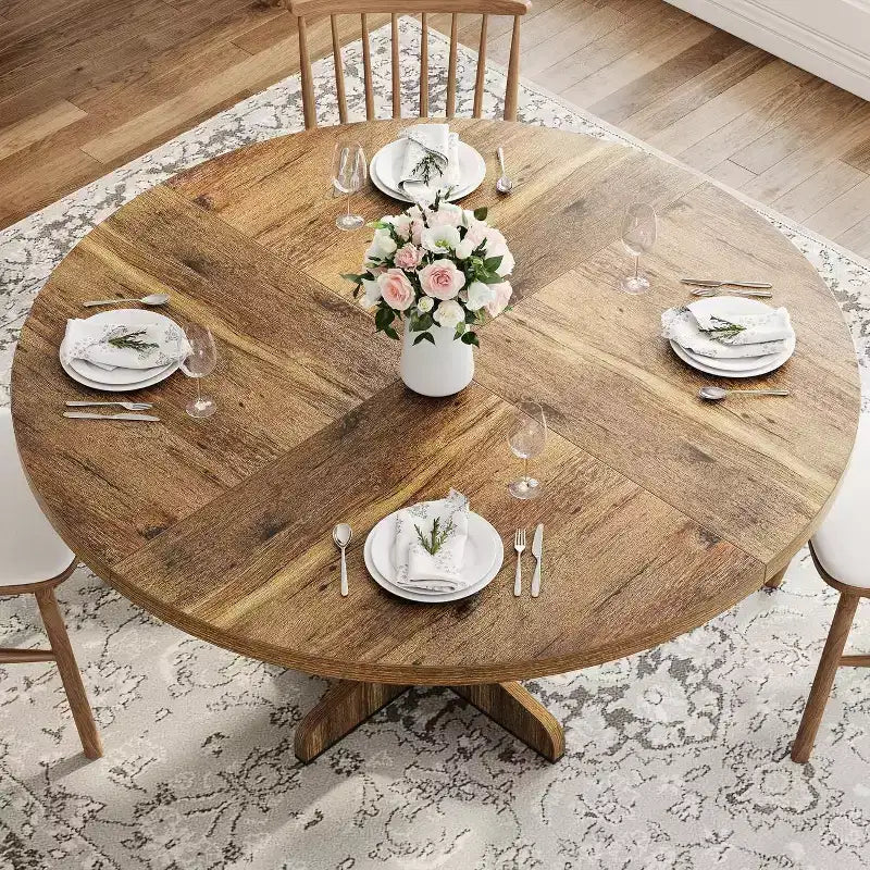 Tavolo da pranzo rotondo da 47 pollici per 4 persone, tavolo da cucina in stile rustico con piano in legno e base stabile, per sala da pranzo di casa e soggiorno, marrone (solo tavolo)