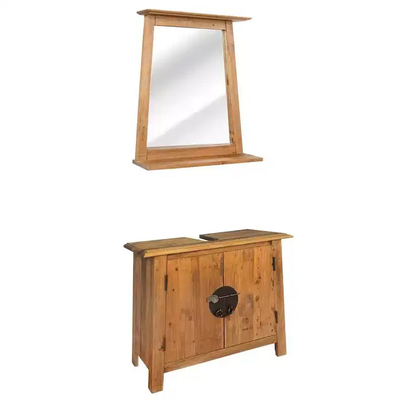 Mobili da bagno in legno massello di pino - Mobile lavabo e specchio in stile rustico - Marrone
