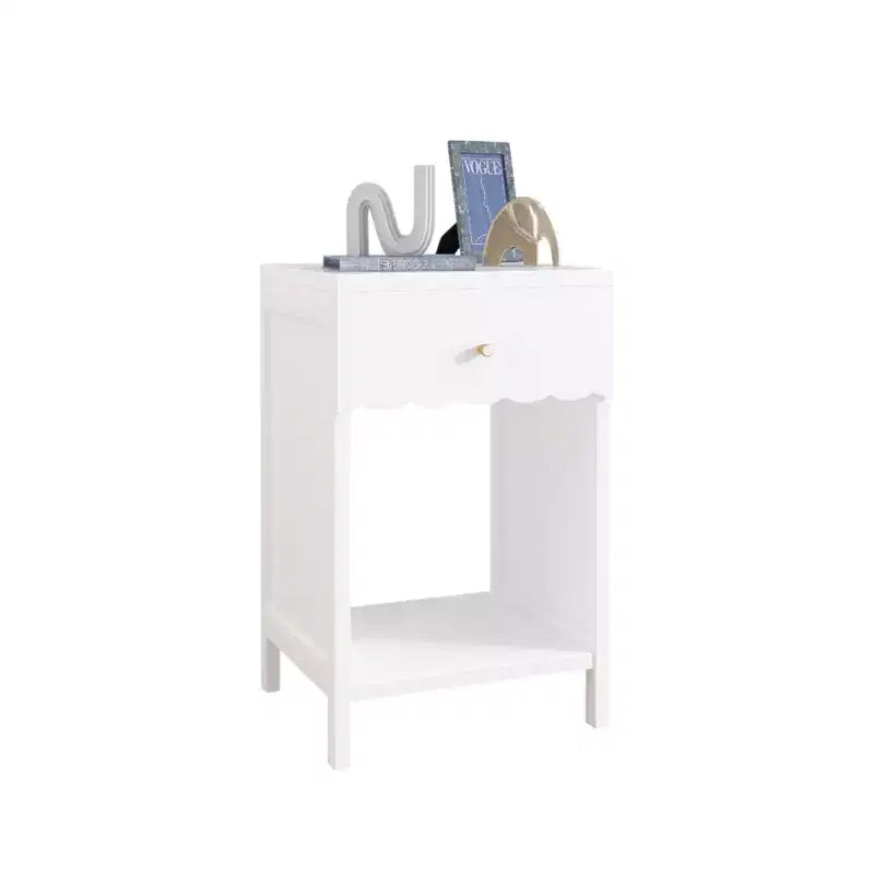 Comodino Moderno Bianco con Cassetto e Ripiano Aperto, Comodino con Bordo Ondulato per Camera da Letto
