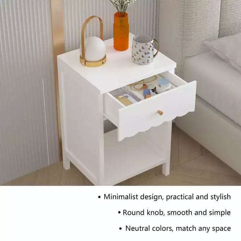 Comodino Moderno Bianco con Cassetto e Ripiano Aperto, Comodino con Bordo Ondulato per Camera da Letto