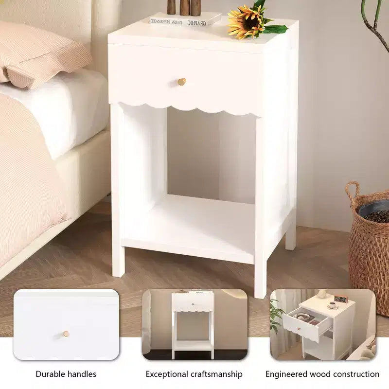 Comodino Moderno Bianco con Cassetto e Ripiano Aperto, Comodino con Bordo Ondulato per Camera da Letto