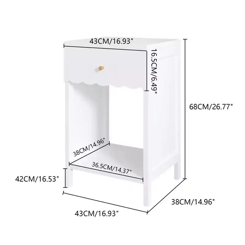 Comodino Moderno Bianco con Cassetto e Ripiano Aperto, Comodino con Bordo Ondulato per Camera da Letto