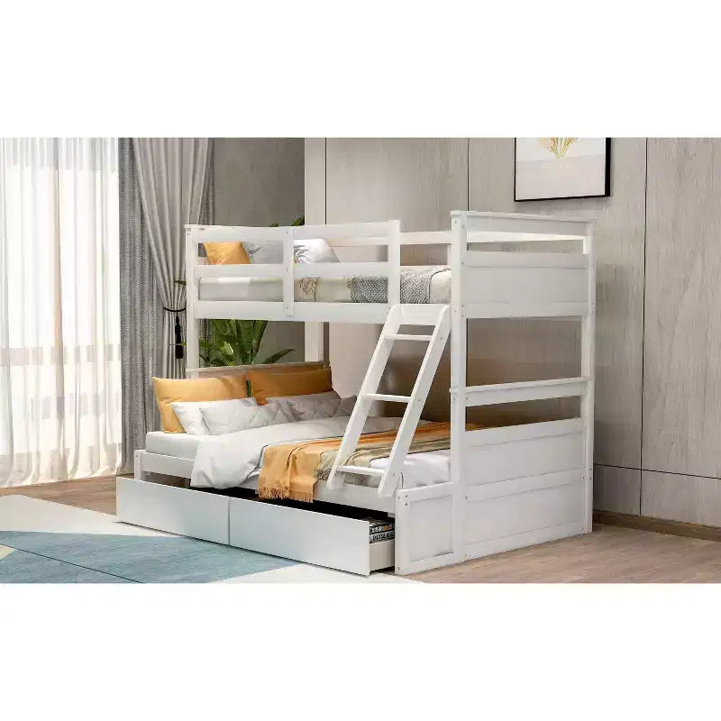 Letto a Castello con Letto Matrimoniale e Letto Singolo, con Contenitore - Bianco