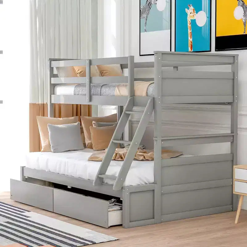 Letto a Castello con Letto Matrimoniale e Letto Singolo, con Contenitore - Bianco