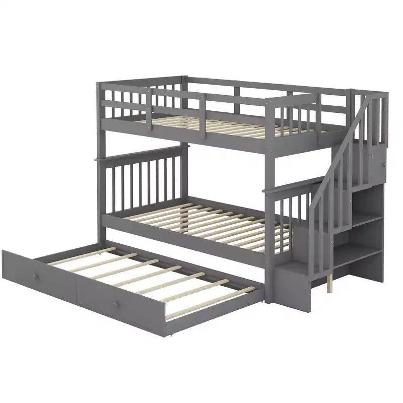 Letto a Castello con Scalinata Twin-Over-Twin con Letto Estraibile Twin per Camera da Letto, Dormitorio, Adulti, Bianco