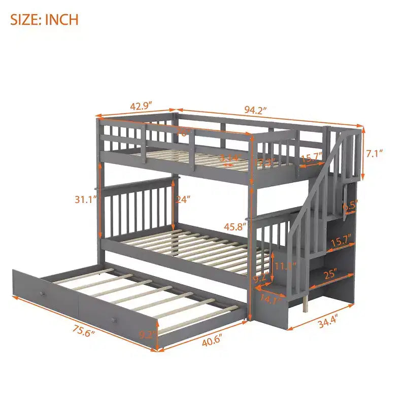 Letto a Castello con Scalinata Twin-Over-Twin con Letto Estraibile Twin per Camera da Letto, Dormitorio, Adulti, Bianco