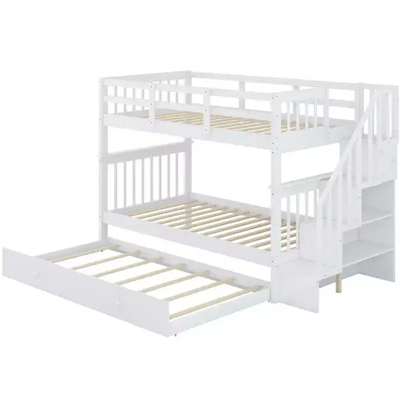 Letto a Castello con Scalinata Twin-Over-Twin con Letto Estraibile Twin per Camera da Letto, Dormitorio, Adulti, Bianco