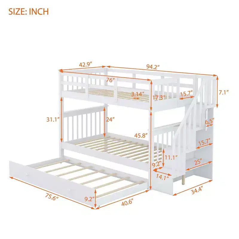 Letto a Castello con Scalinata Twin-Over-Twin con Letto Estraibile Twin per Camera da Letto, Dormitorio, Adulti, Bianco