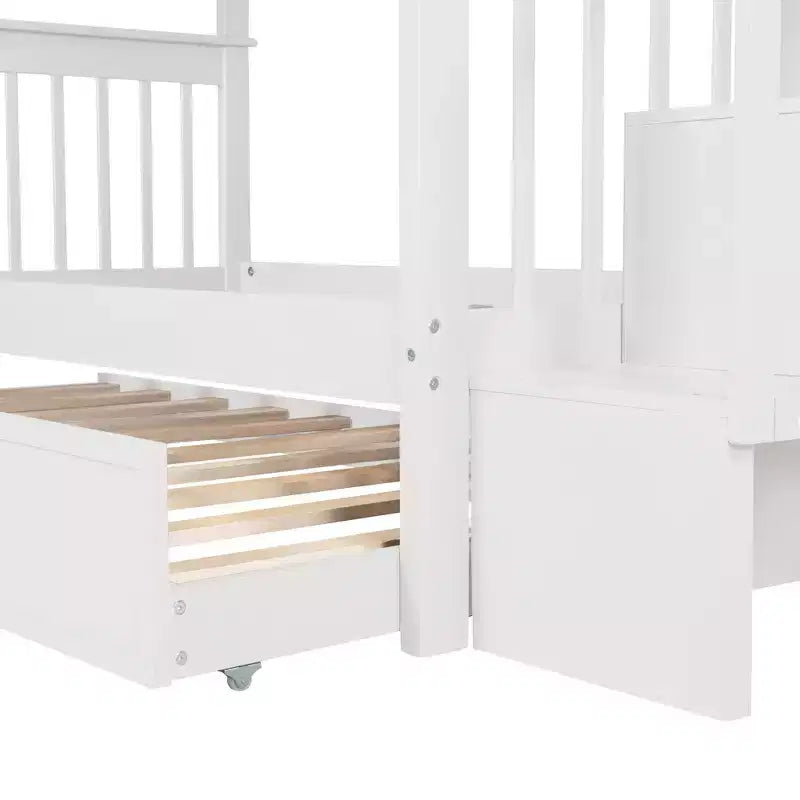 Letto a Castello con Scalinata Twin-Over-Twin con Letto Estraibile Twin per Camera da Letto, Dormitorio, Adulti, Bianco