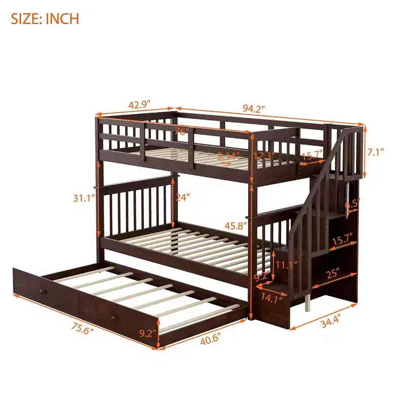 Letto a Castello con Scalinata Twin-Over-Twin con Letto Estraibile Twin per Camera da Letto, Dormitorio, Adulti, Bianco