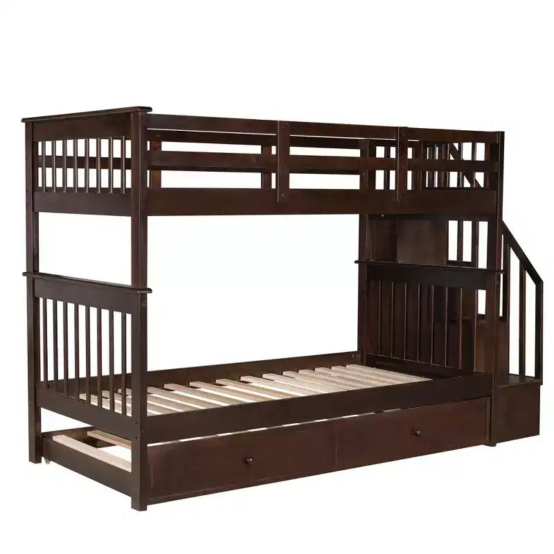 Letto a Castello con Scalinata Twin-Over-Twin con Letto Estraibile Twin per Camera da Letto, Dormitorio, Adulti, Bianco