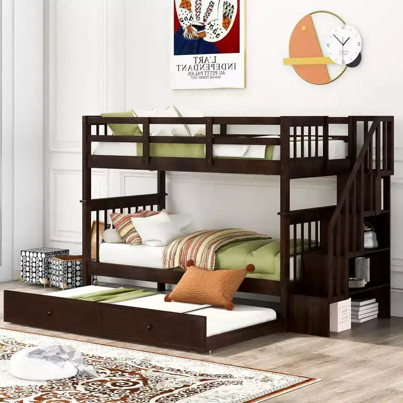 Letto a Castello con Scalinata Twin-Over-Twin con Letto Estraibile Twin per Camera da Letto, Dormitorio, Adulti, Bianco