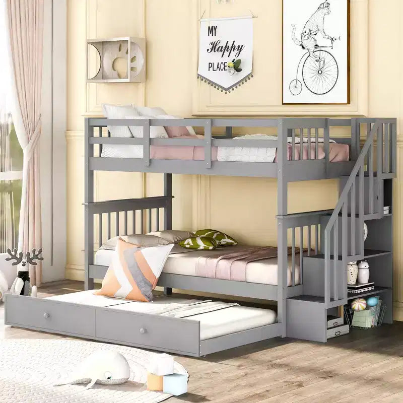 Letto a Castello con Scalinata Twin-Over-Twin con Letto Estraibile Twin per Camera da Letto, Dormitorio, Adulti, Bianco