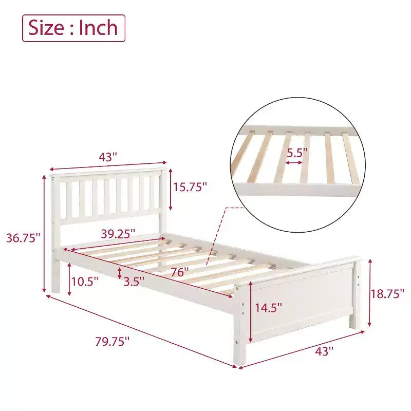 Letto a piattaforma in legno a una piazza con testiera, pediera e supporto a doghe in legno, colore bianco