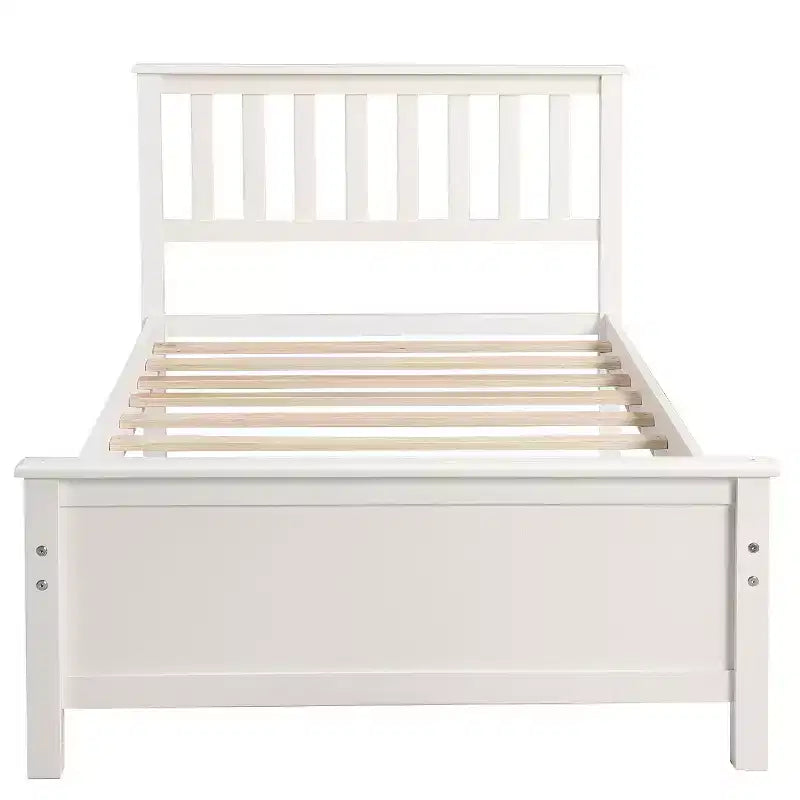 Letto a piattaforma in legno a una piazza con testiera, pediera e supporto a doghe in legno, colore bianco