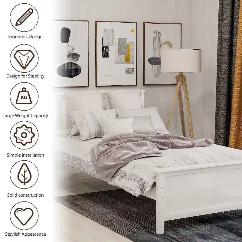 Letto a piattaforma in legno a una piazza con testiera, pediera e supporto a doghe in legno, colore bianco