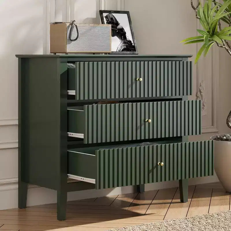 Cassettiera scanalata a 3 cassetti e comodino, verde