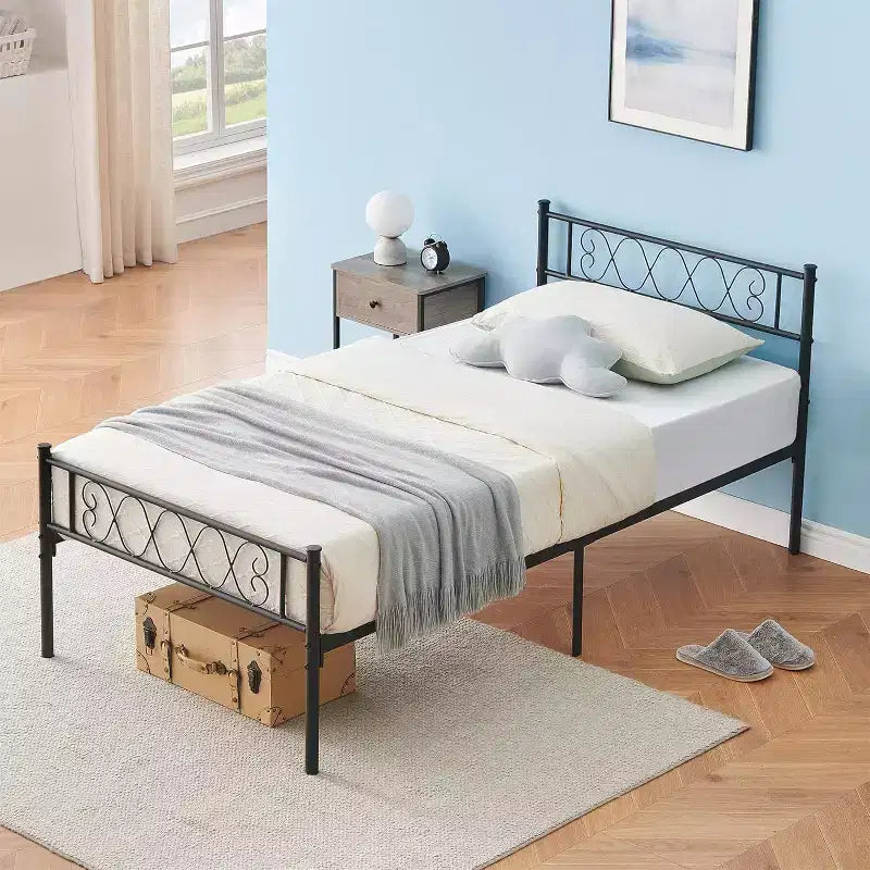 Struttura letto in metallo singola/una piazza e mezza/matrimoniale con testiera a cuore, contenitore sotto il letto, nessuna rete a molle necessaria per bambini e ragazzi