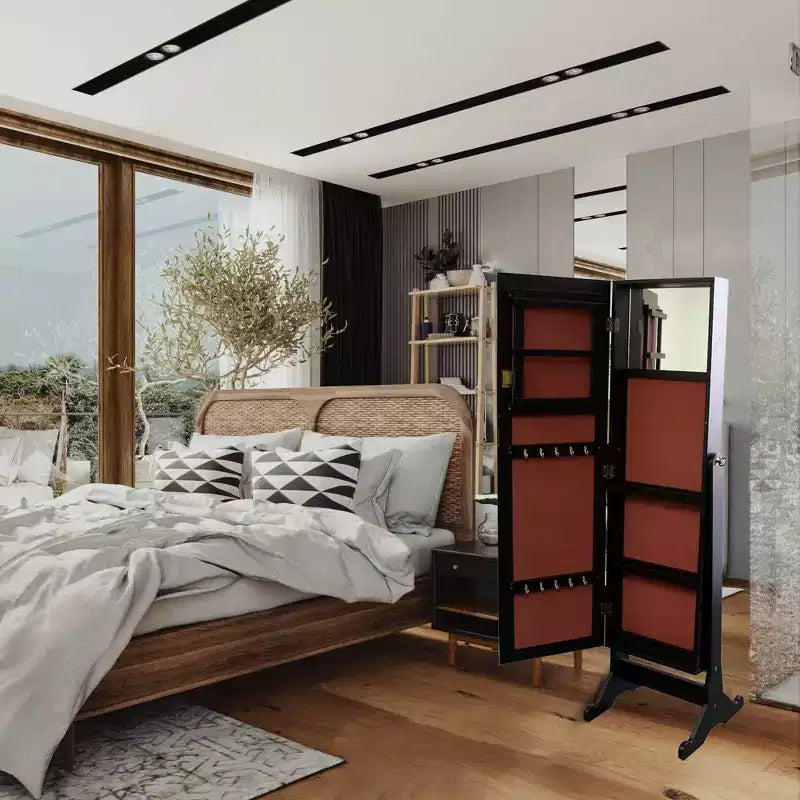Portagioie Marrone: Organizer Autoportante in Legno Massello con Specchio, Accessori in Metallo