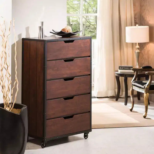 Owen 5 Drawer Chest Vintage Walnut/Black - miBasics: Industrial Design, Casters, Storage Solution