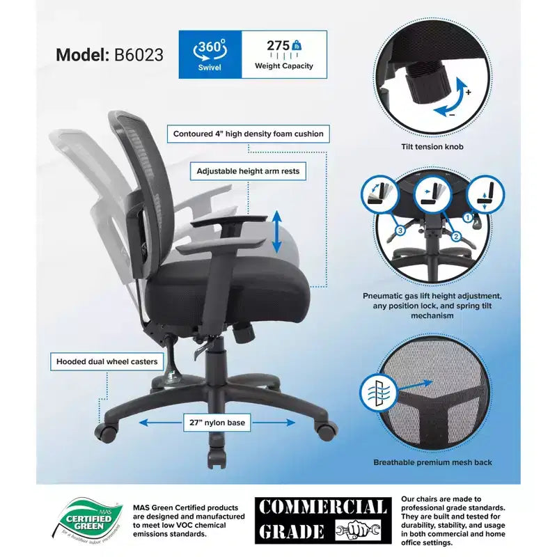 Sedia da ufficio multifunzione nera: schienale ergonomico in mesh, altezza del sedile e girevole regolabili