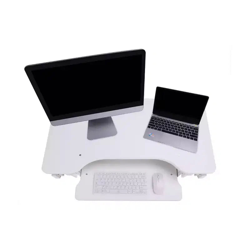 Rialzo convertibile da scrivania da seduto a in piedi con altezza regolabile, ergonomico, colore bianco: supporto portatile per laptop con vassoio per tastiera